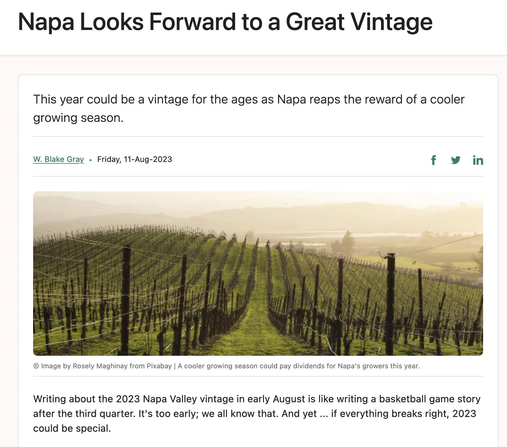 “Napa Looks Forward to a Great Vintage” on Wine Searcher