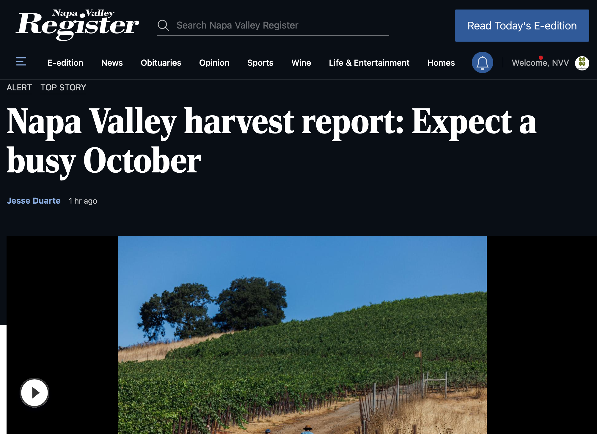 NV Register: Napa Valley harvest report: Expect a busy October